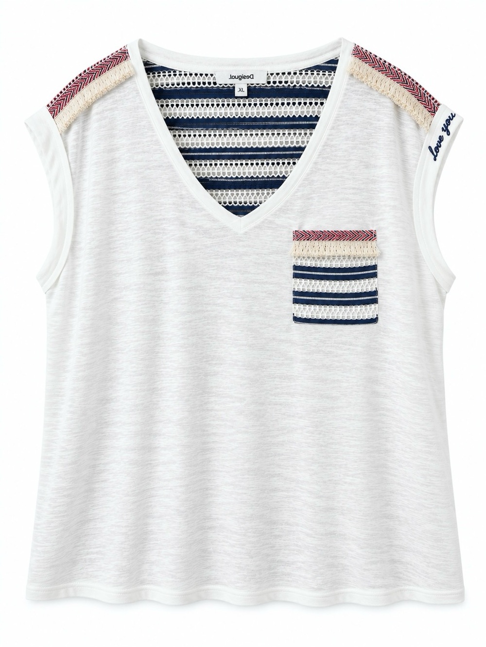 Desigual Women’s XL White V-Neck Mixed Media Lace Stripe Pocket Top